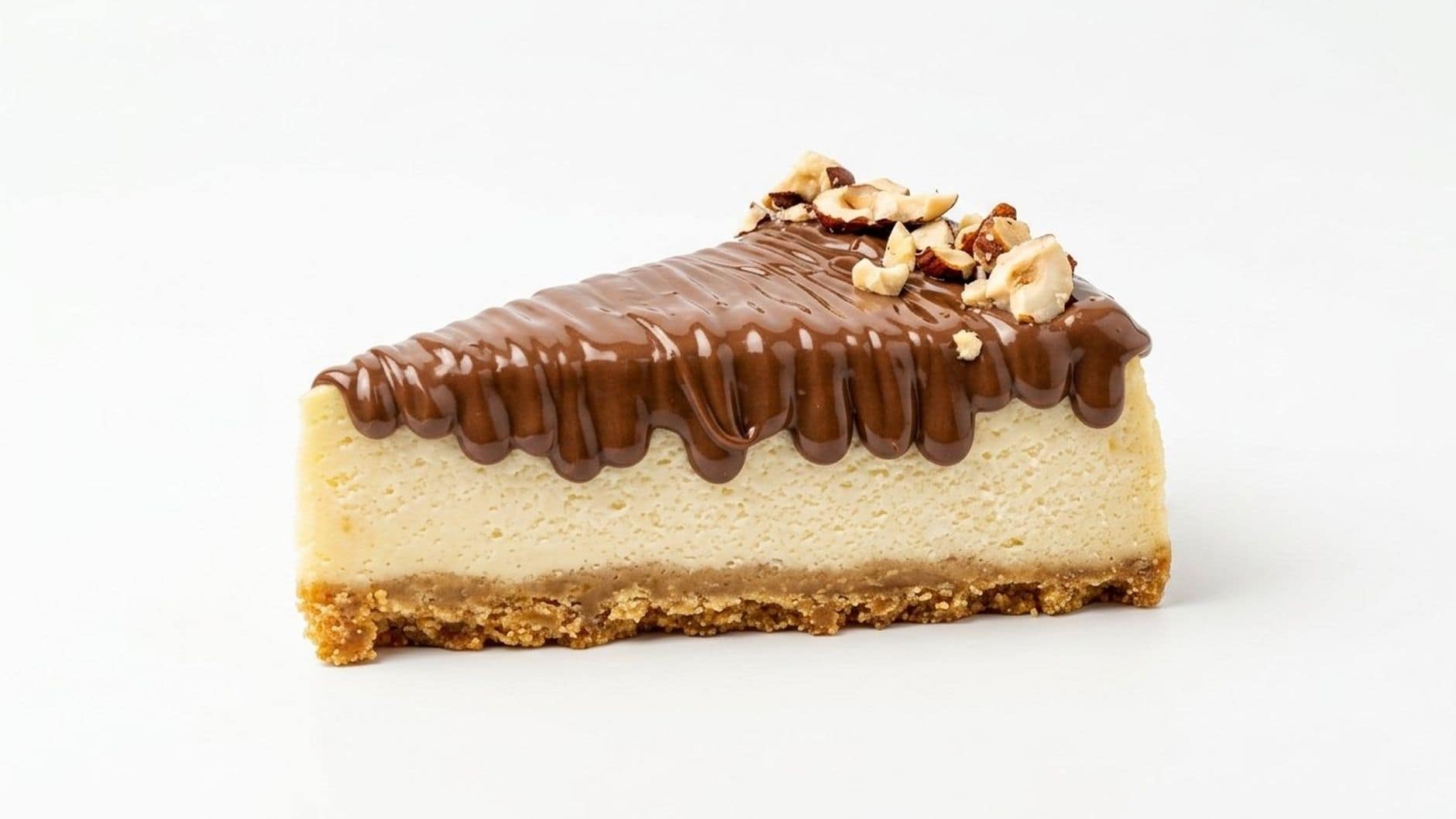 A mouthwatering slice of cheesecake topped with rich chocolate and chopped hazelnuts.