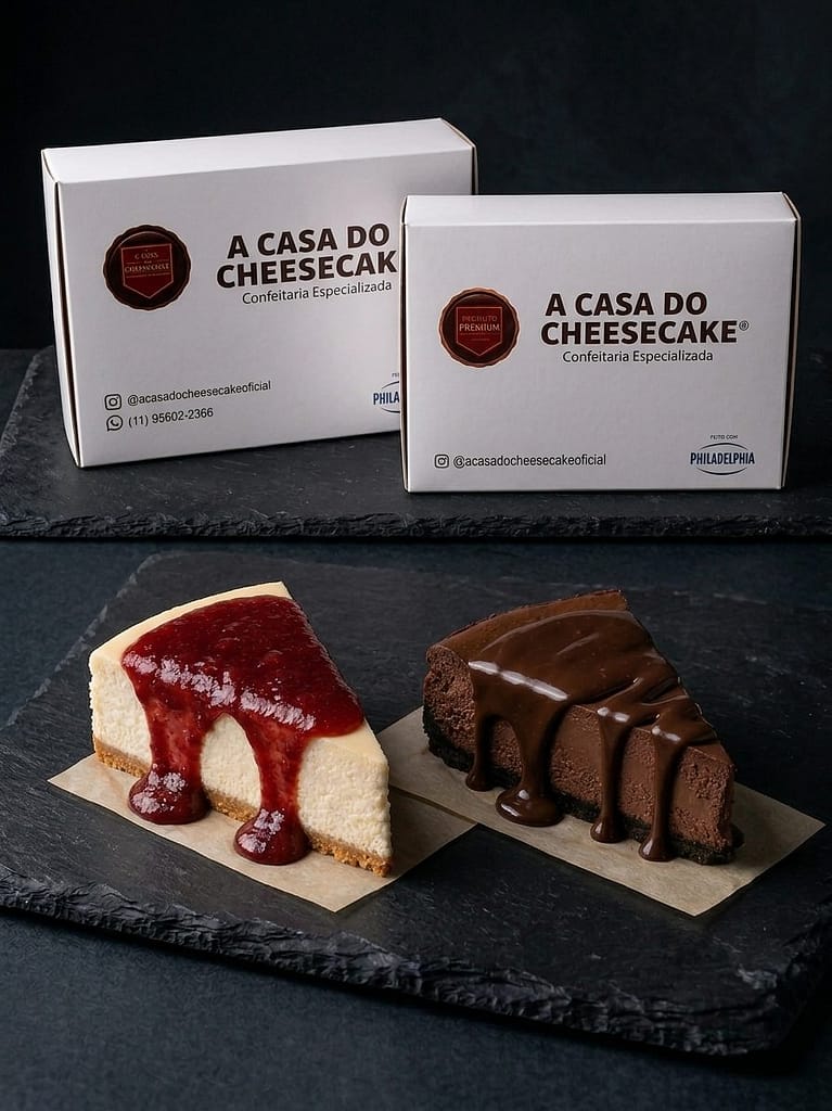 Duas fatias de cheesecake em caixas de delivery, A Casa do Cheesecake